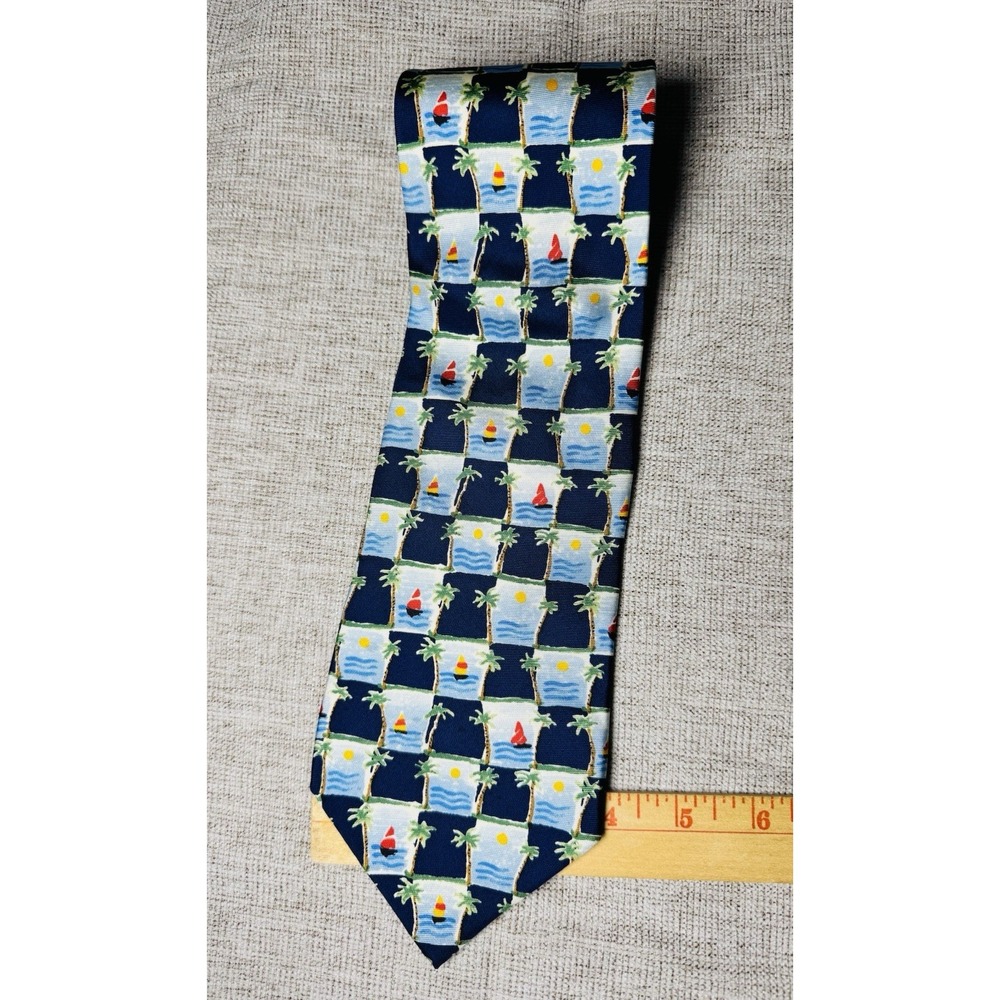Banana Republic Men's Silk Tie Vacation Beach Sailboats Palm Trees Navy Blue